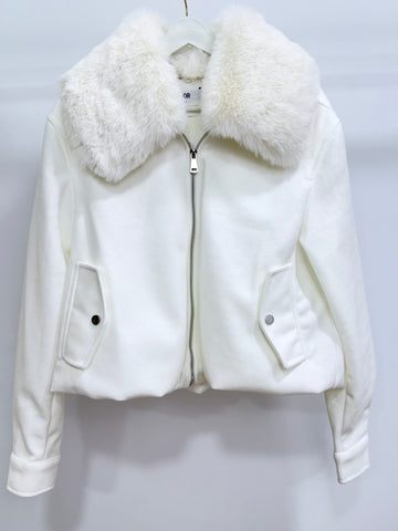 Kürk Yakalı Ceket/Beyaz