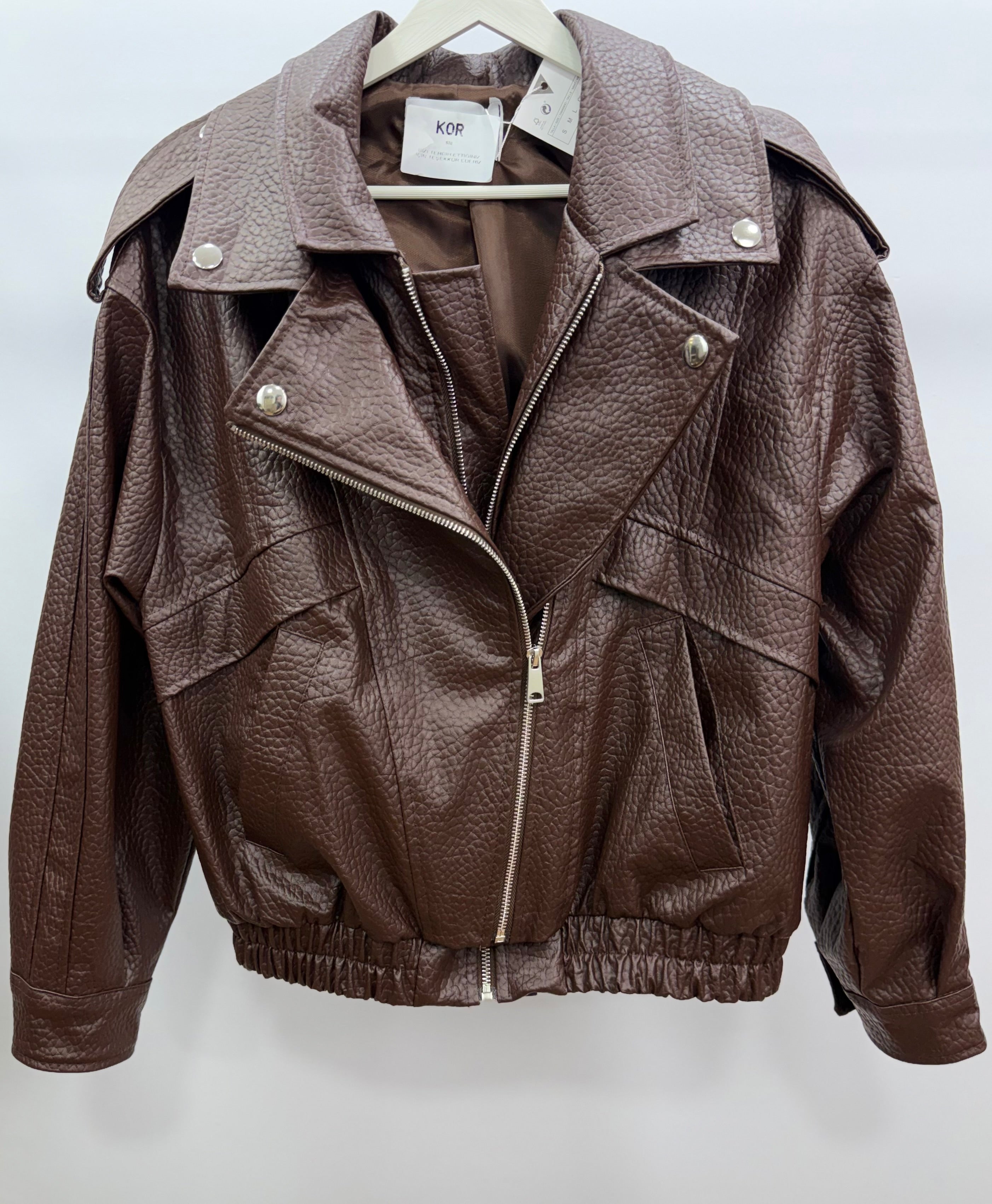 Kruvaze Yaka Oversize Deri Ceket/Kahve