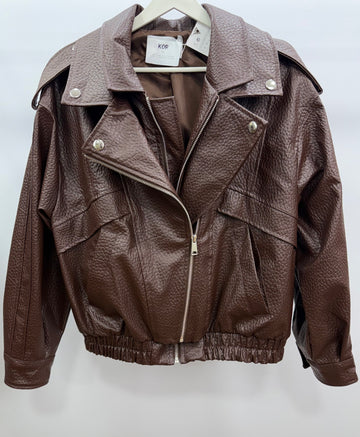 Kruvaze Yaka Oversize Deri Ceket/Kahve