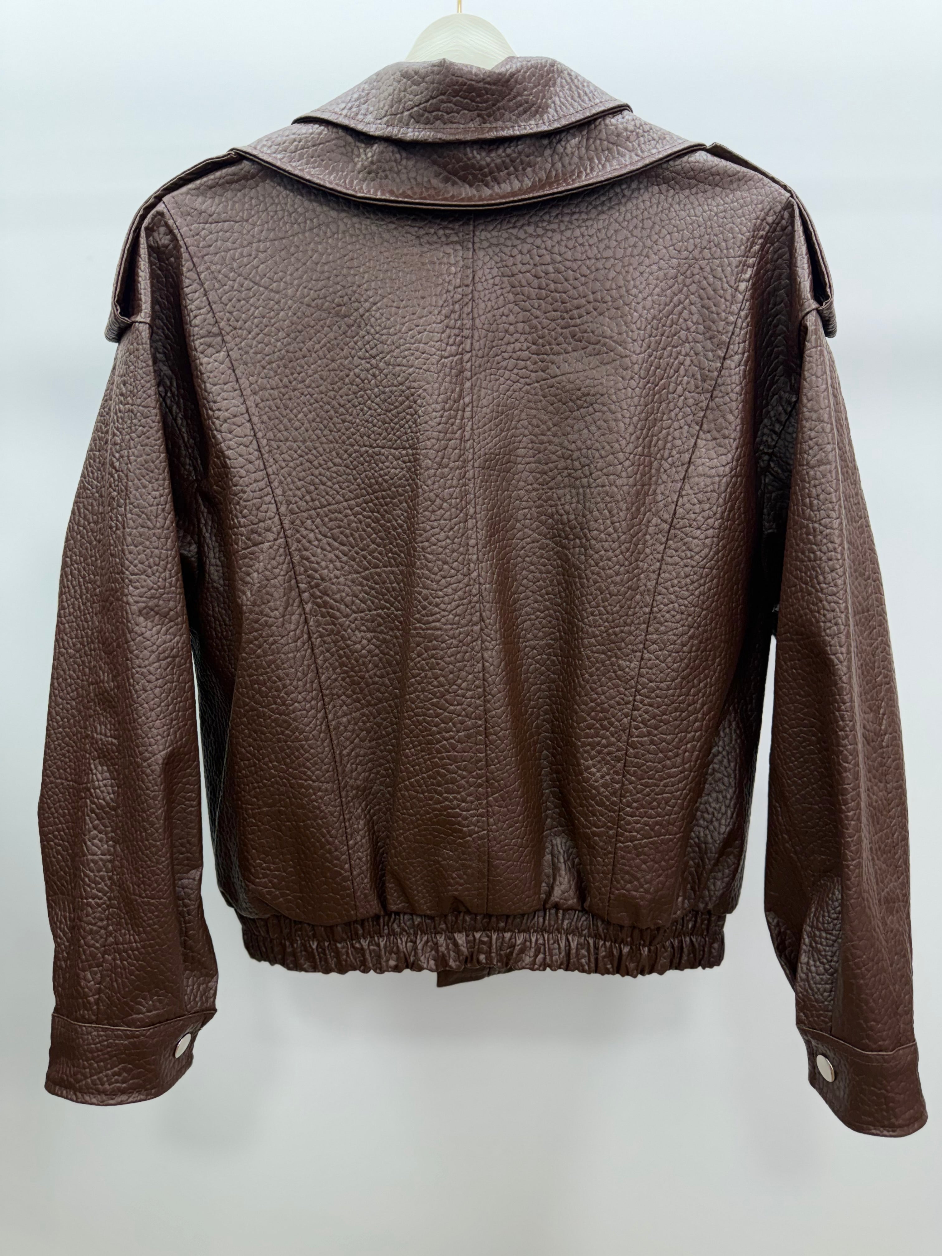 Kruvaze Yaka Oversize Deri Ceket/Kahve