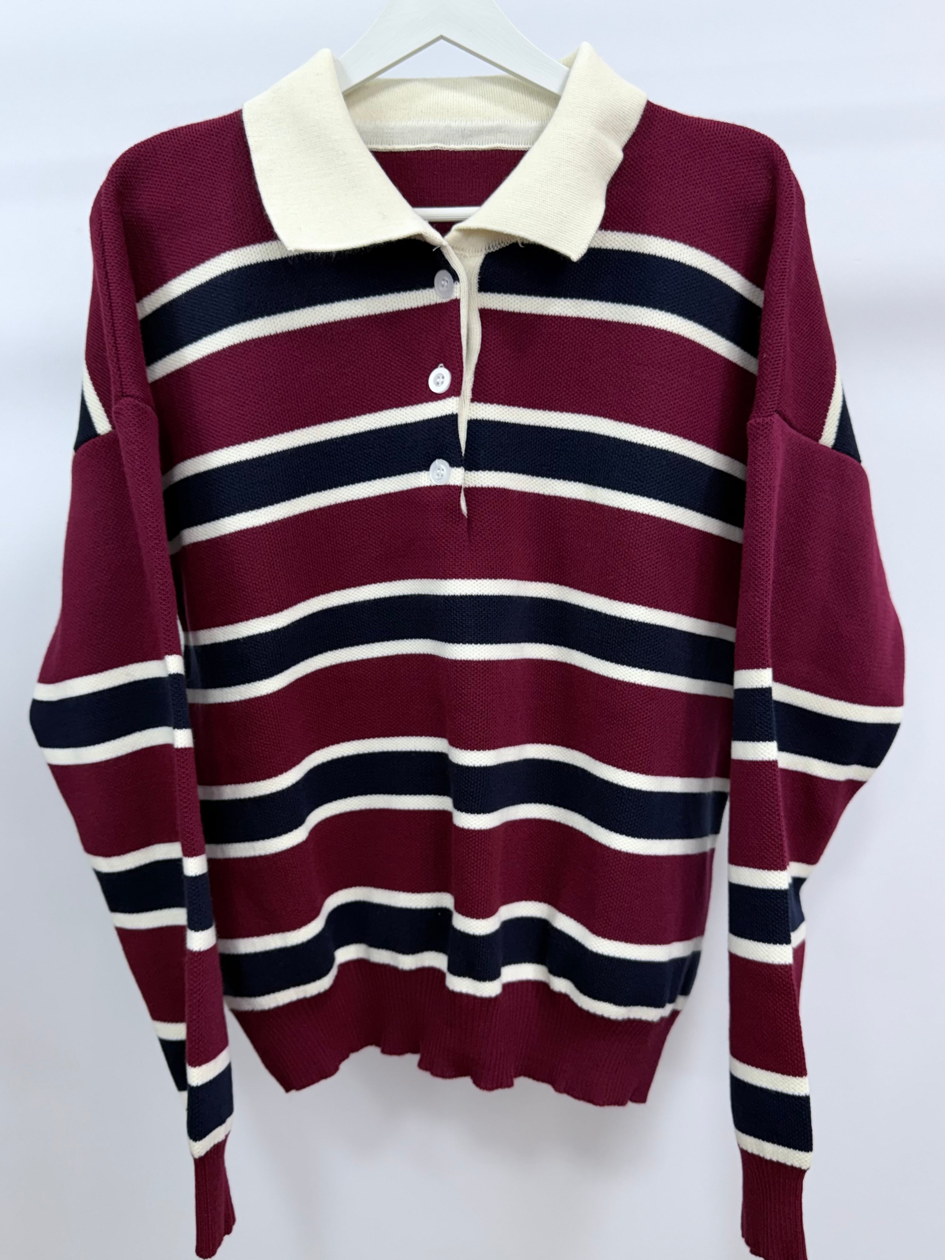 Çizgi Desen Triko Kazak/Kırmızı