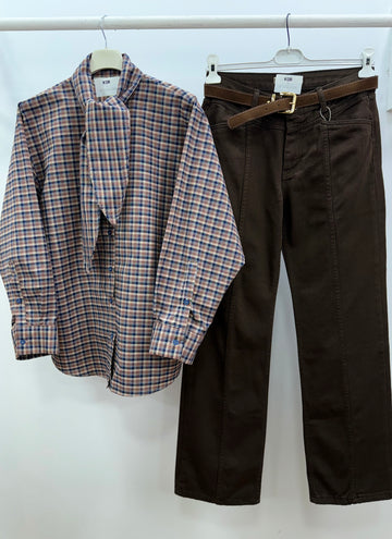 Fularlı Gömlek Pantolon Takım/Kahve