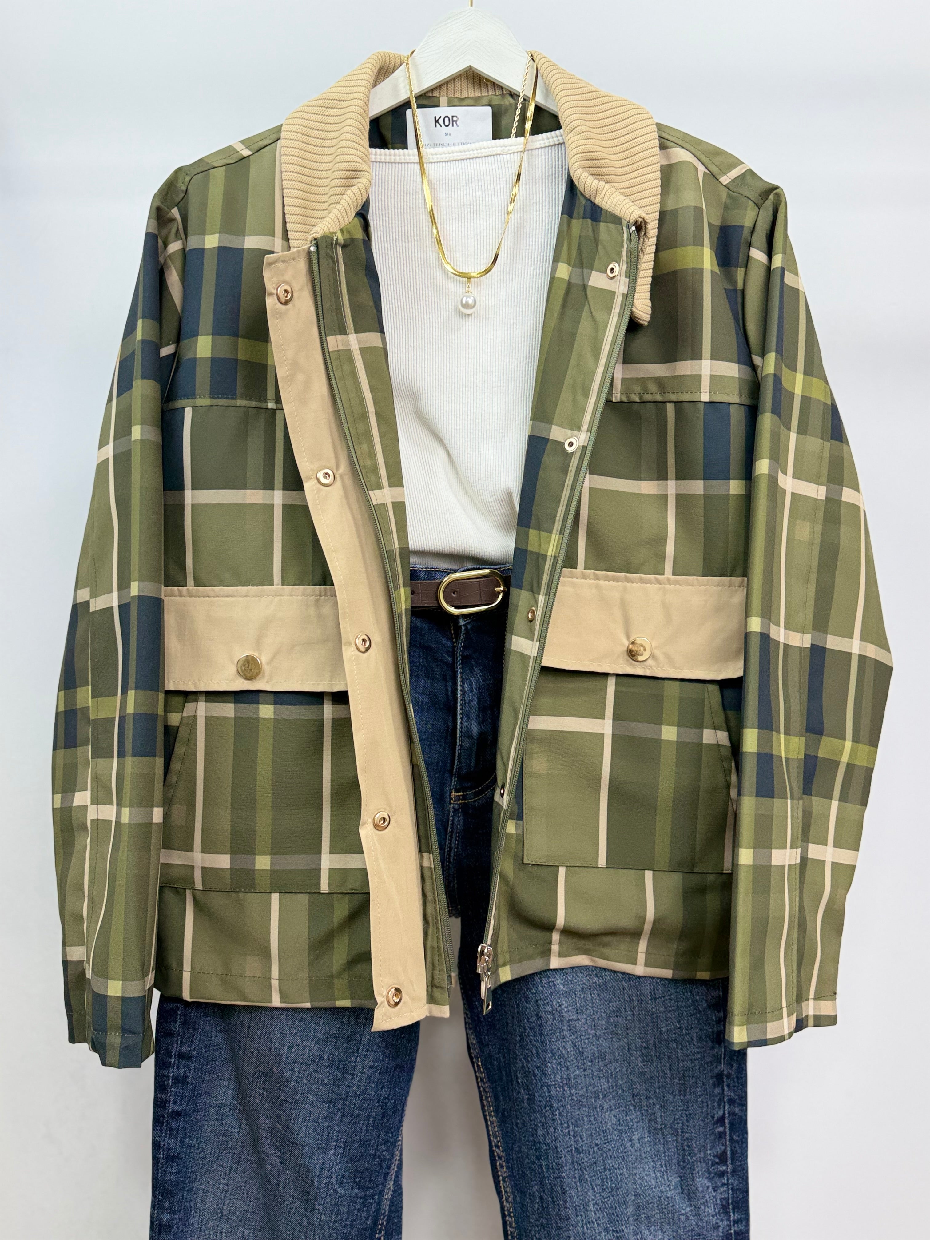 Ekose Desen Ceket/Haki Yeşil