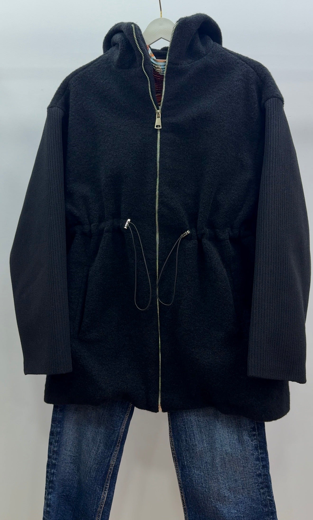 Kapüşonlu Triko Kol Detaylı Ceket/Siyah