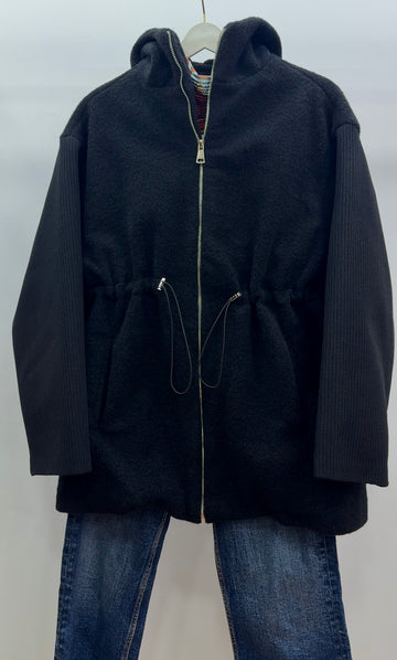 Kapüşonlu Triko Kol Detaylı Ceket/Siyah