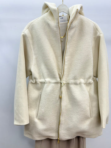 Kapüşonlu Triko Kol Detaylı Ceket/Krem