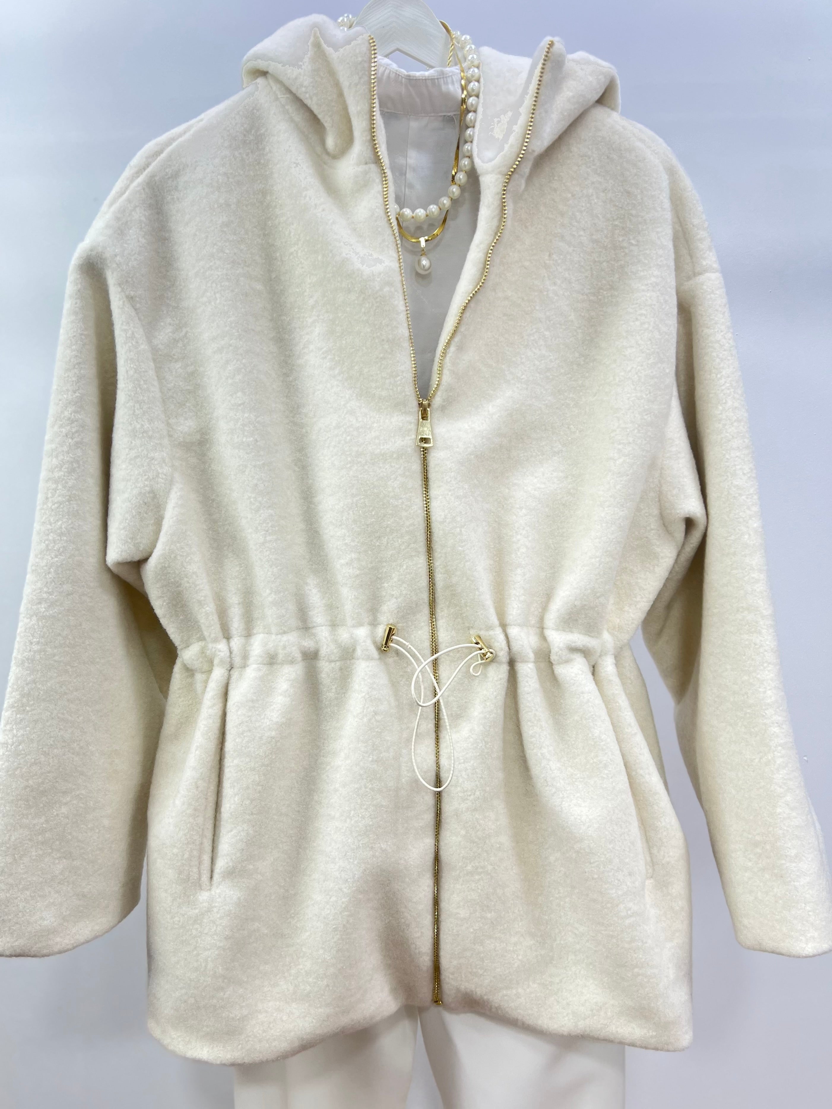 Kapüşonlu Kaşe Ceket/Krem