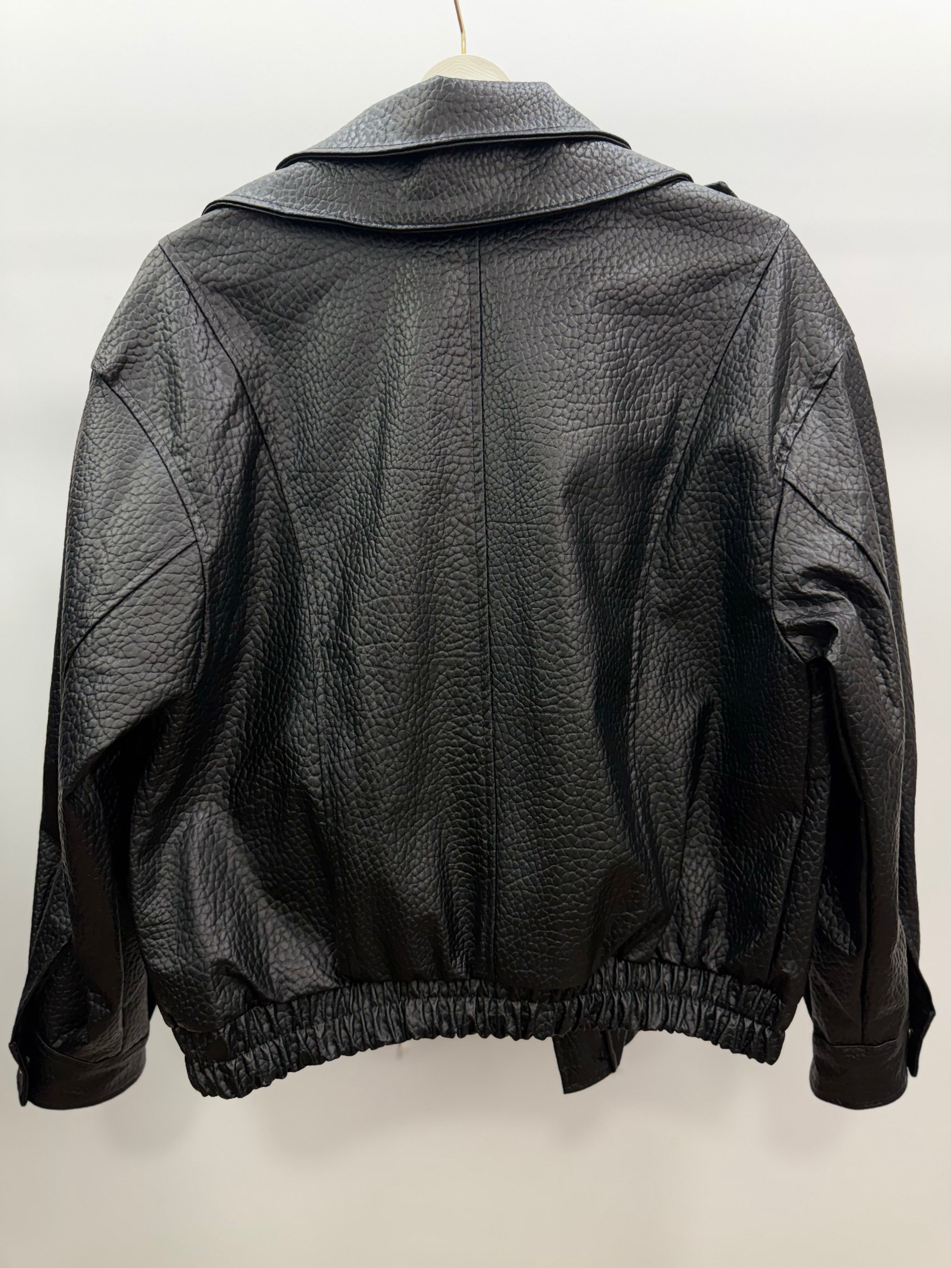 Kruvaze Yaka Oversize Deri Ceket/Siyah