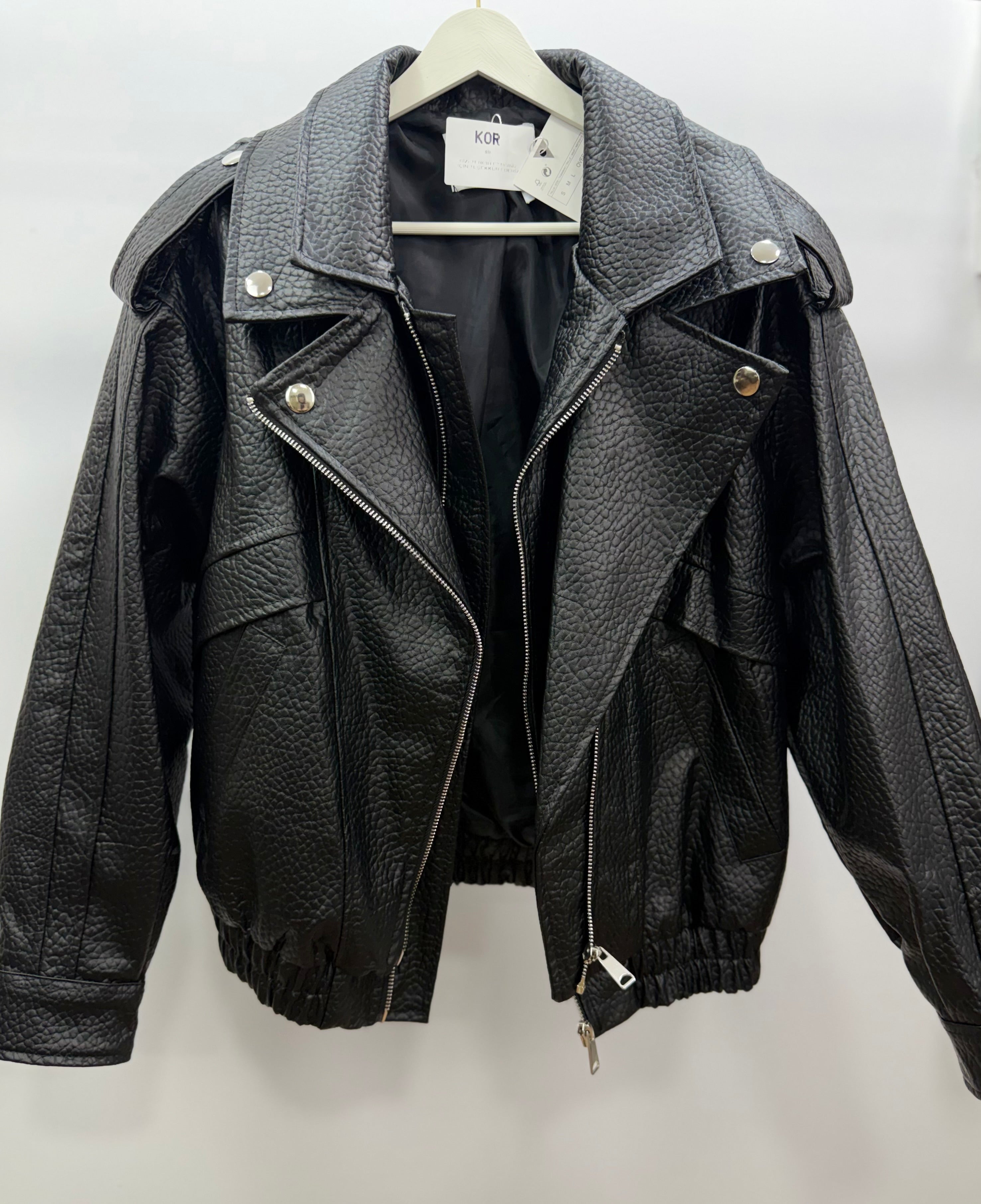 Kruvaze Yaka Oversize Deri Ceket/Siyah