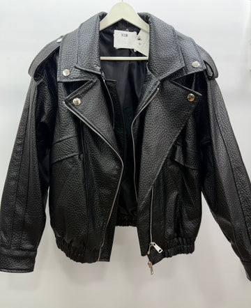 Kruvaze Yaka Oversize Deri Ceket/Siyah