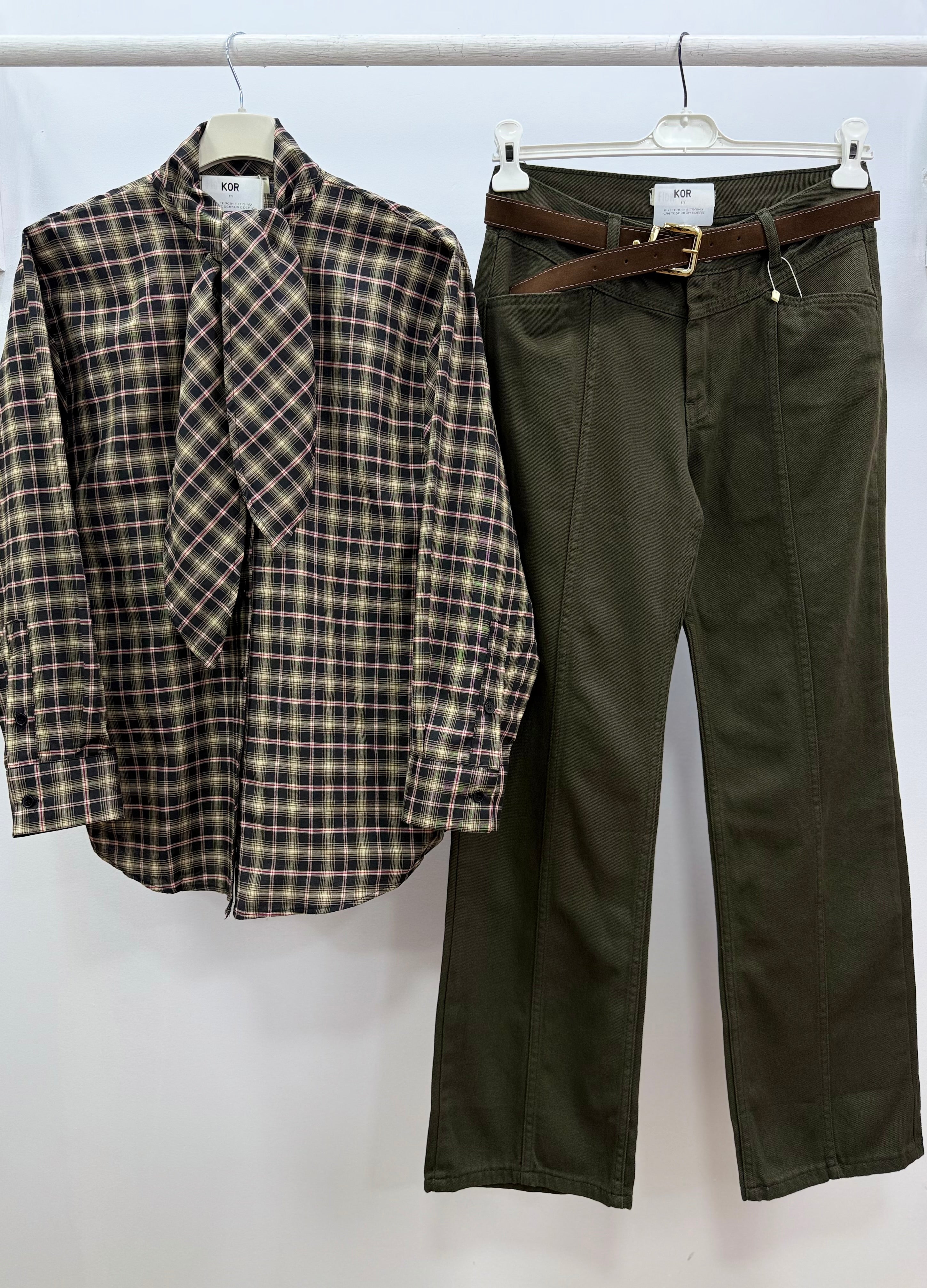 Fularlı Gömlek Pantolon Takım/Haki Yeşil