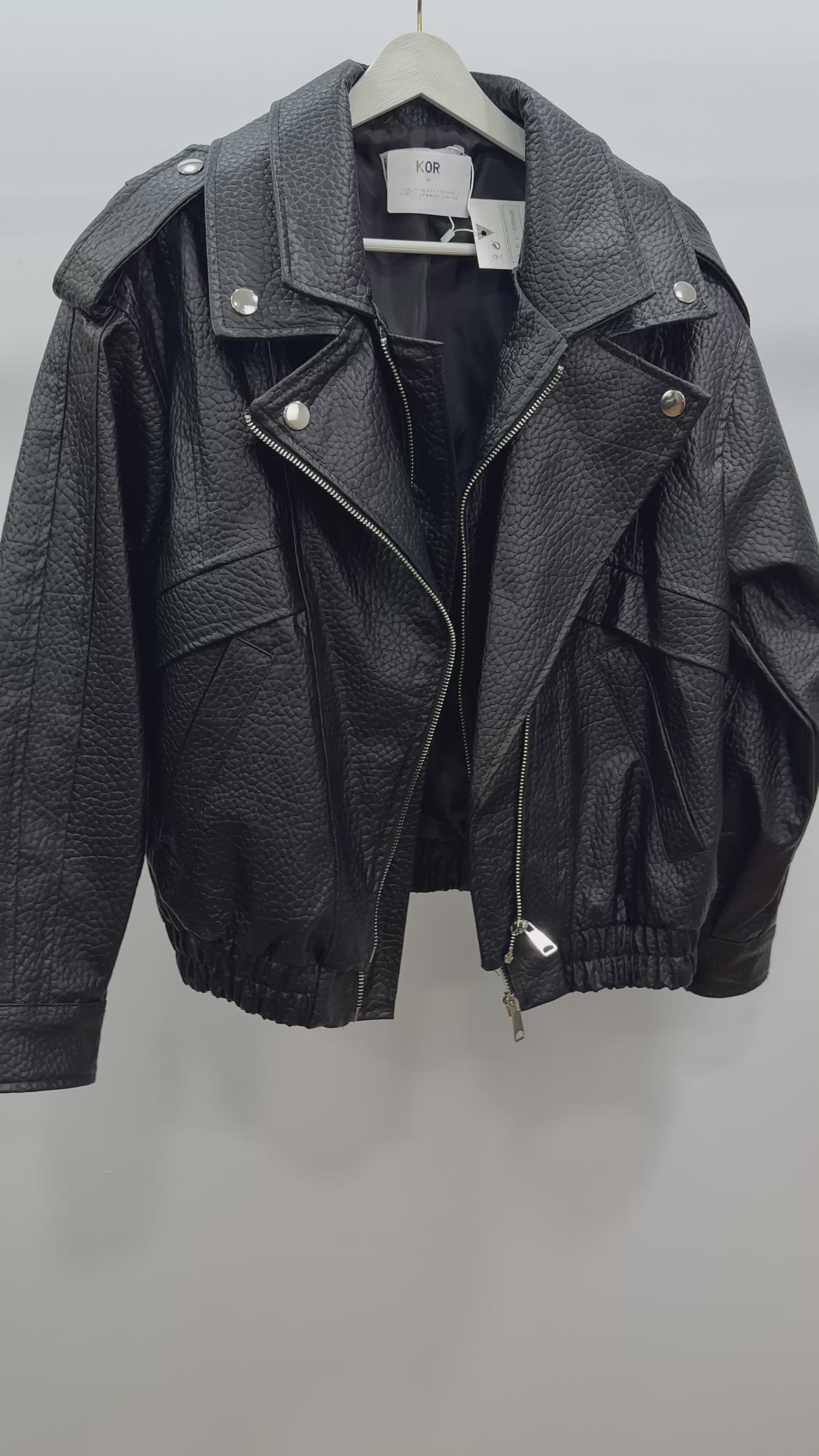 Kruvaze Yaka Oversize Deri Ceket/Siyah