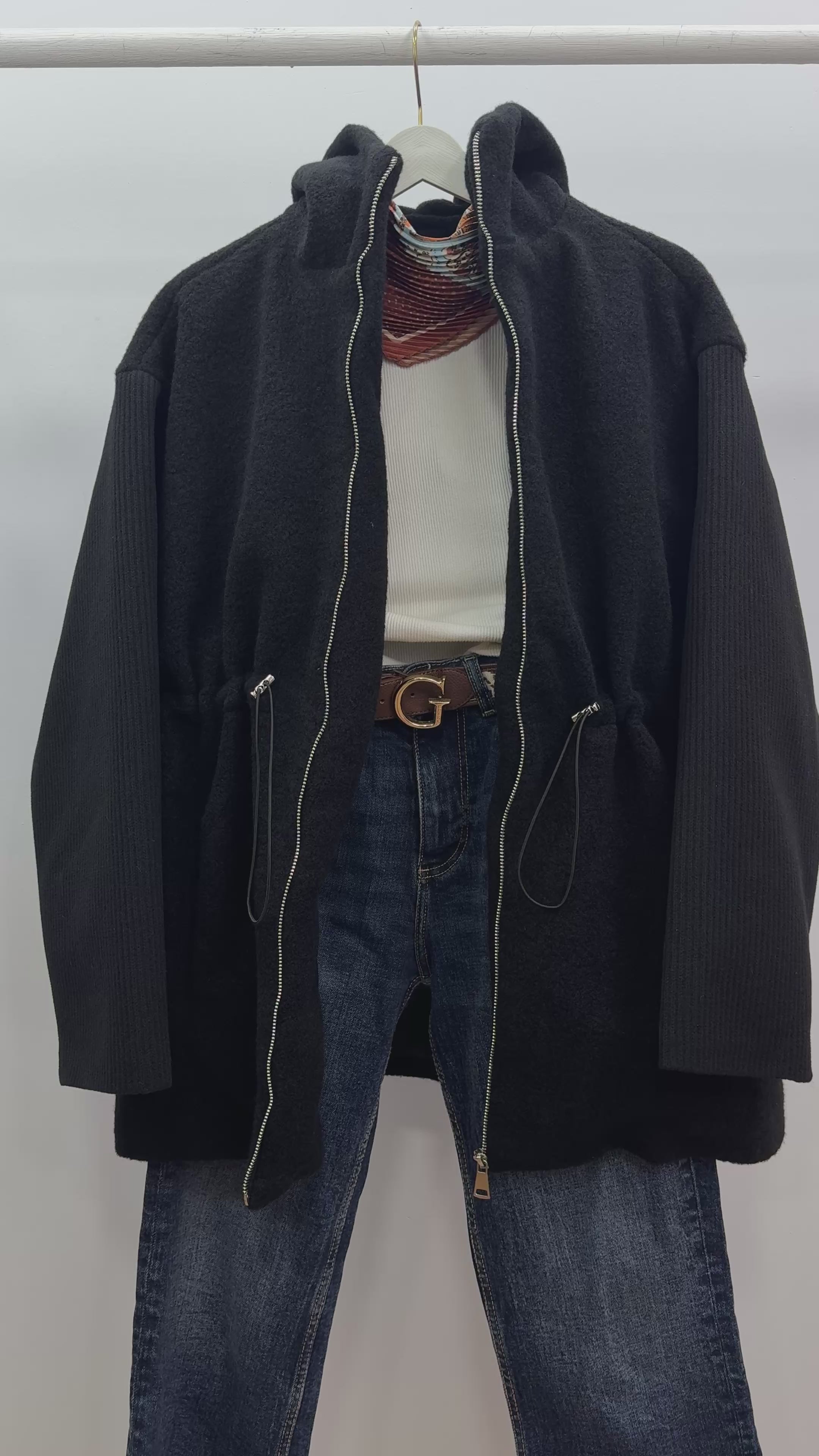 Kapüşonlu Triko Kol Detaylı Ceket/Siyah