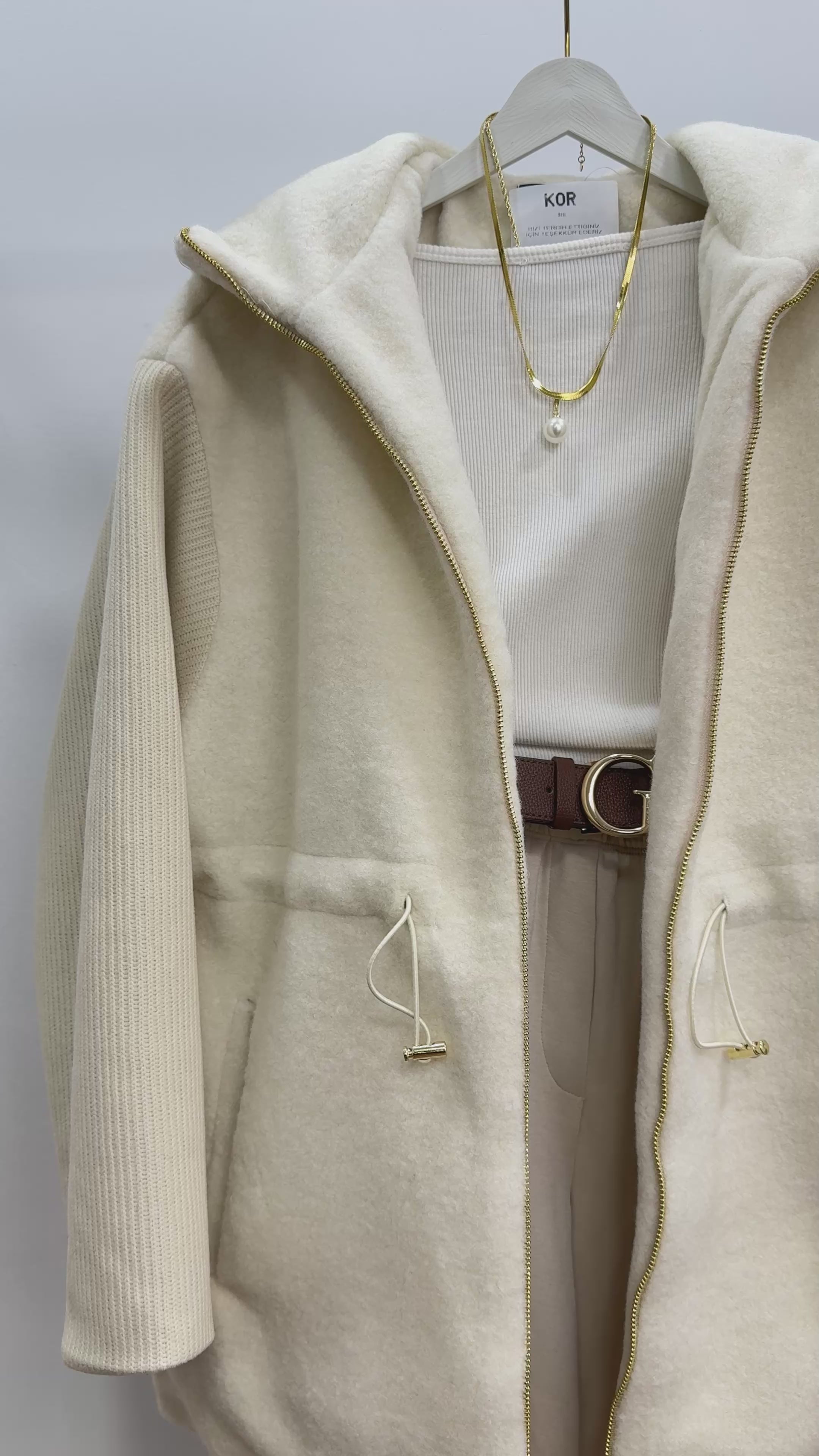 Kapüşonlu Triko Kol Detaylı Ceket/Krem