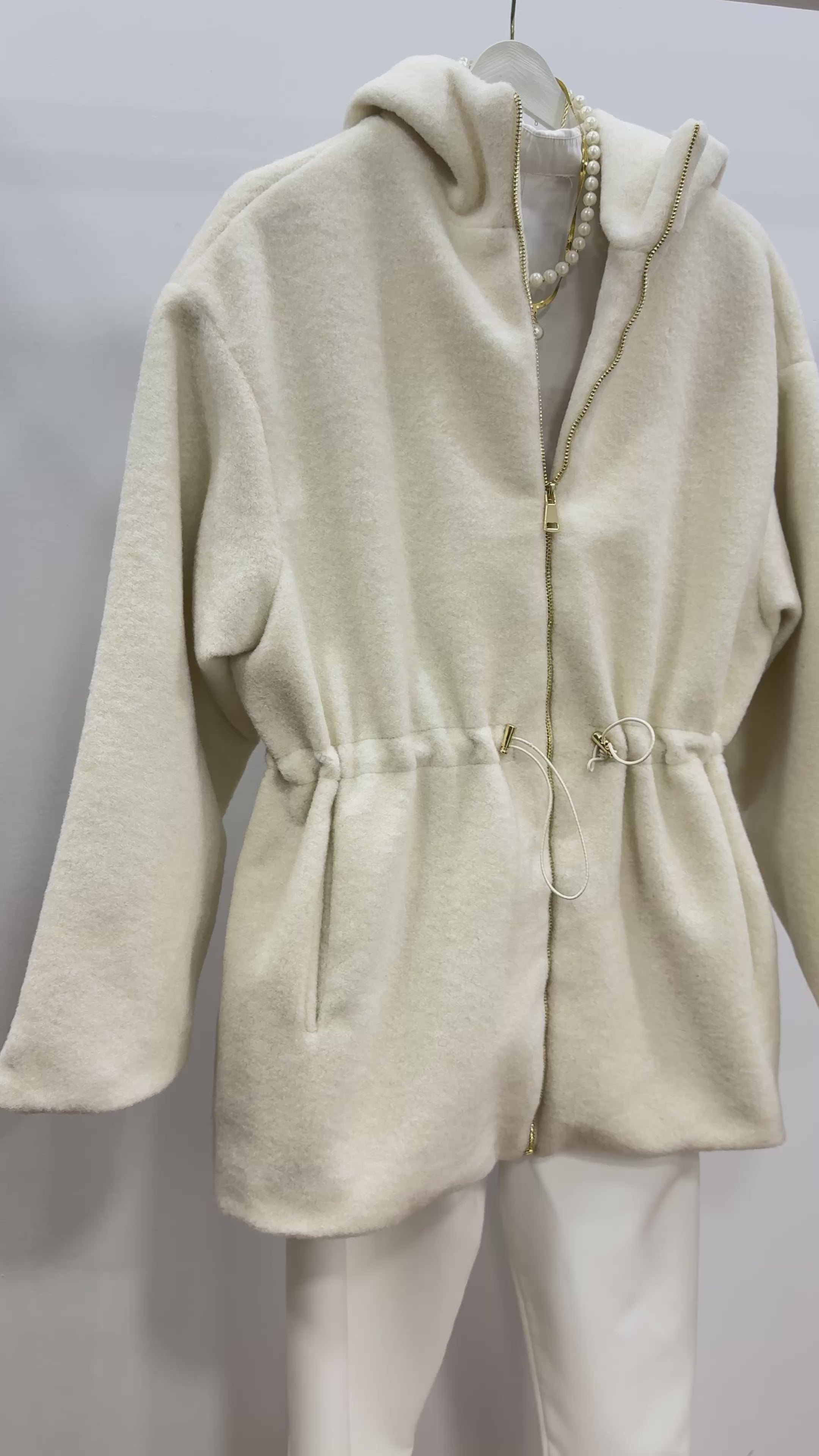 Kapüşonlu Kaşe Ceket/Krem