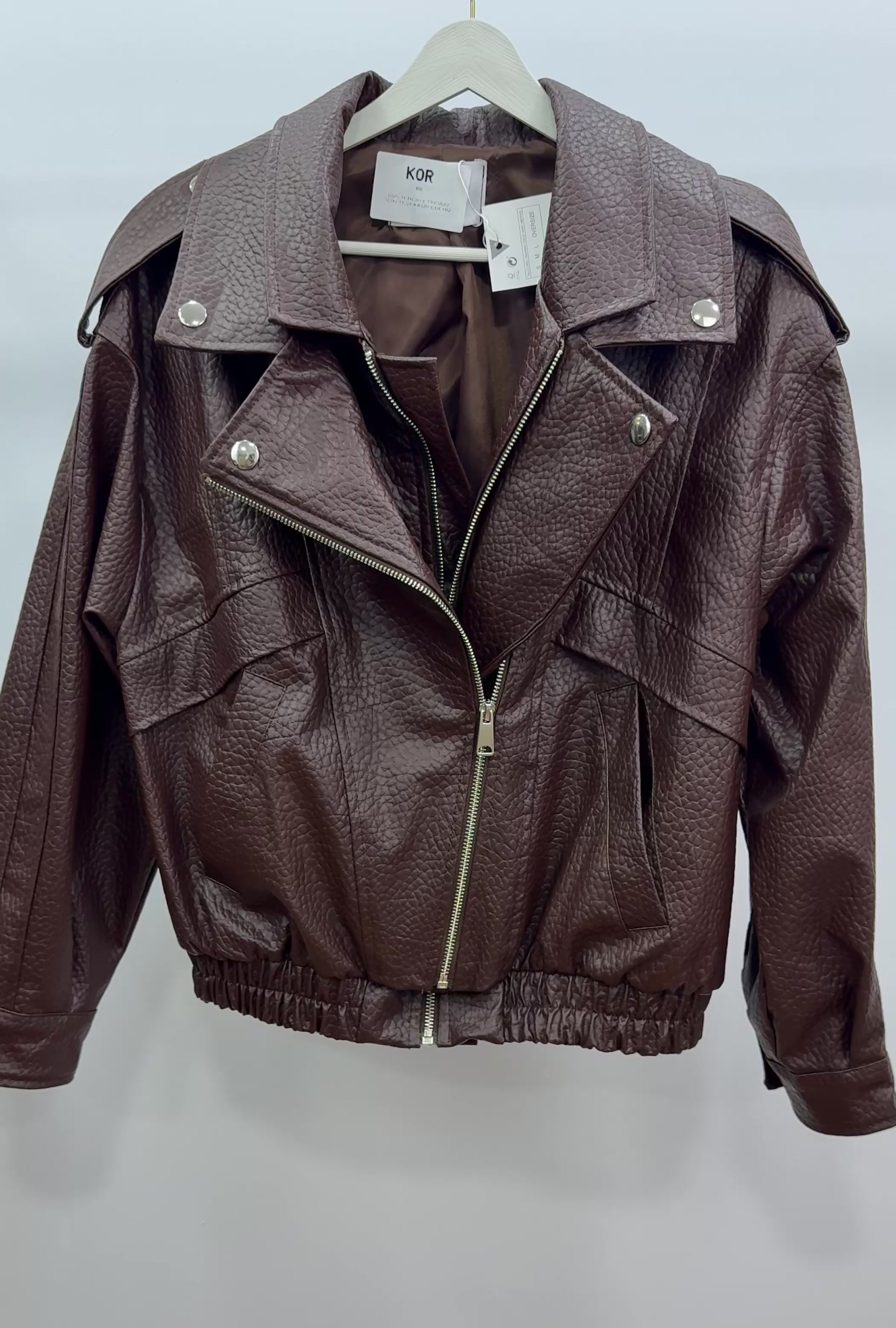 Kruvaze Yaka Oversize Deri Ceket/Kahve